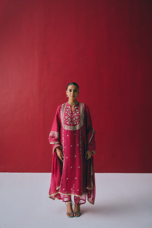 Berry Chanderi Kurta Set with Gota & Dori Embroidery