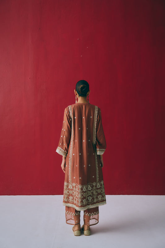 Cinnamon Chanderi Silk Kurta Set with Dori & Gota Embroidery