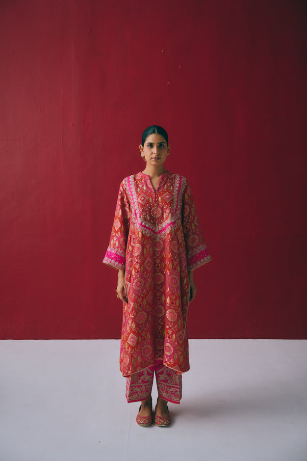 Red & Pink Banarasi Georgette Kurta Set with Dabka & Gota Embroidery