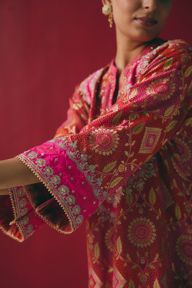 Red & Pink Banarasi Georgette Kurta Set with Dabka & Gota Embroidery