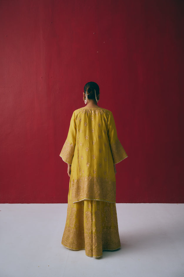 Yellow Tissue Chanderi Kurta Set with Aari & Pitta Embroidery