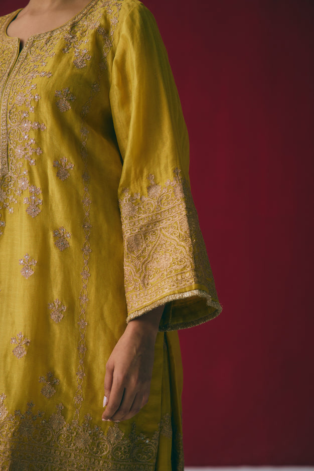 Yellow Tissue Chanderi Kurta Set with Aari & Pitta Embroidery