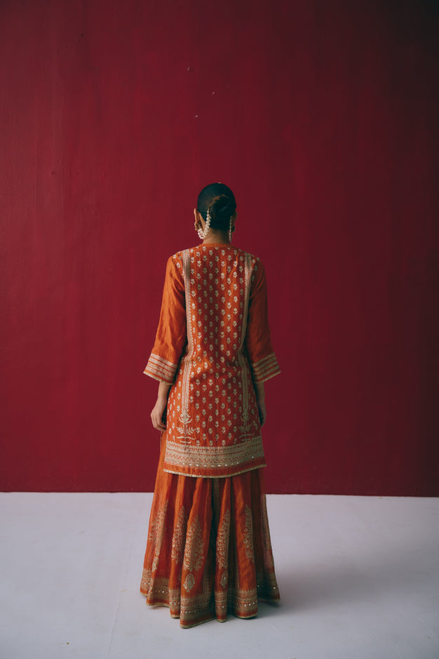 Rust Orange Tissue Chanderi Kurta Set with Ari & Pita Embroidery