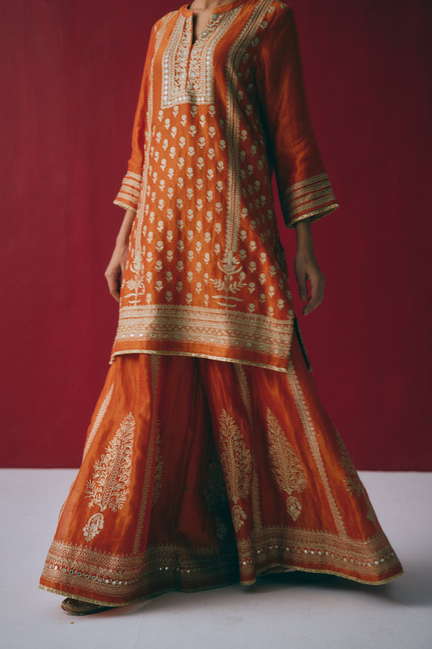 Rust Orange Tissue Chanderi Kurta Set with Ari & Pita Embroidery
