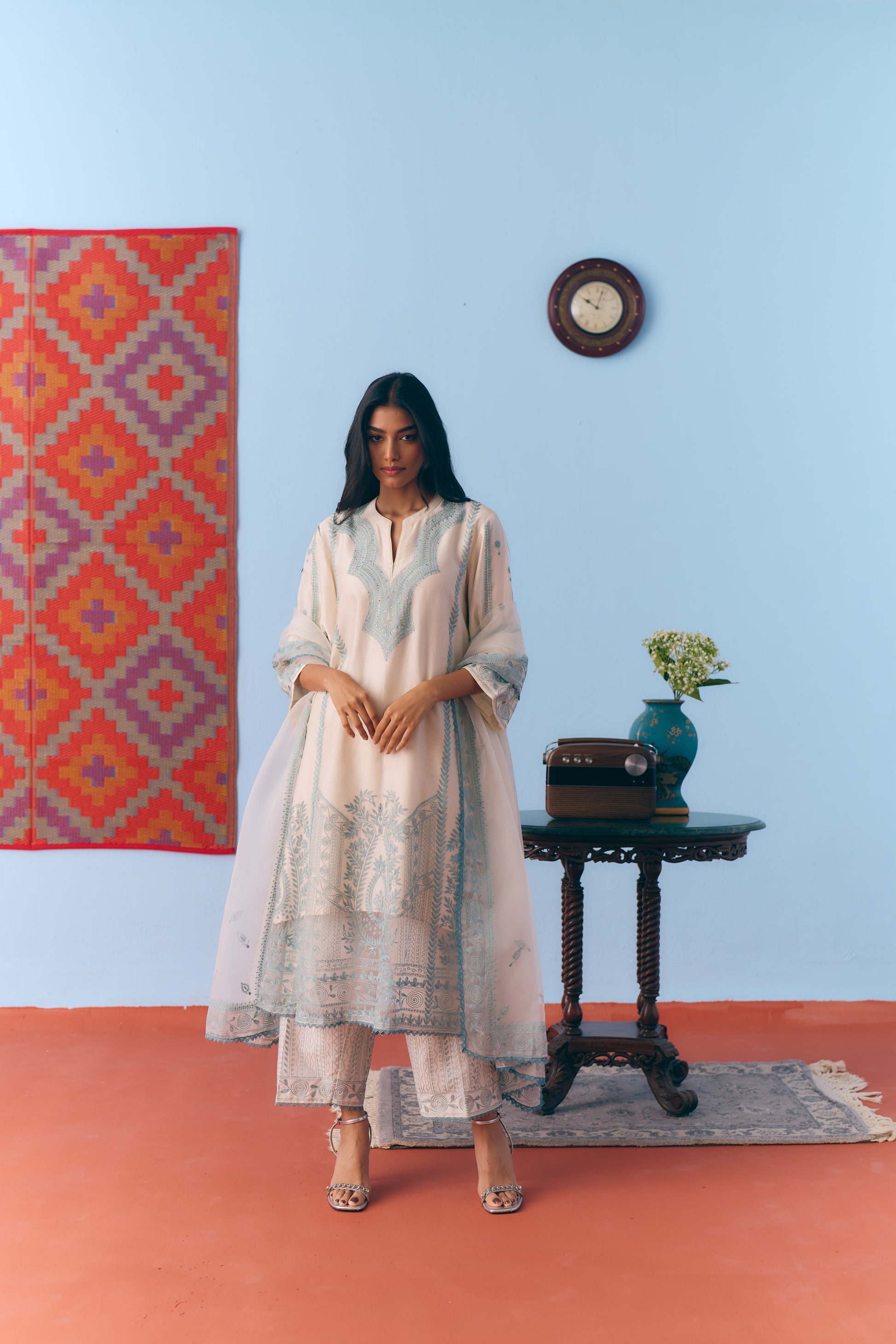 White & Light Blue Silk Chanderi Kurta Set with Thread Embroidery