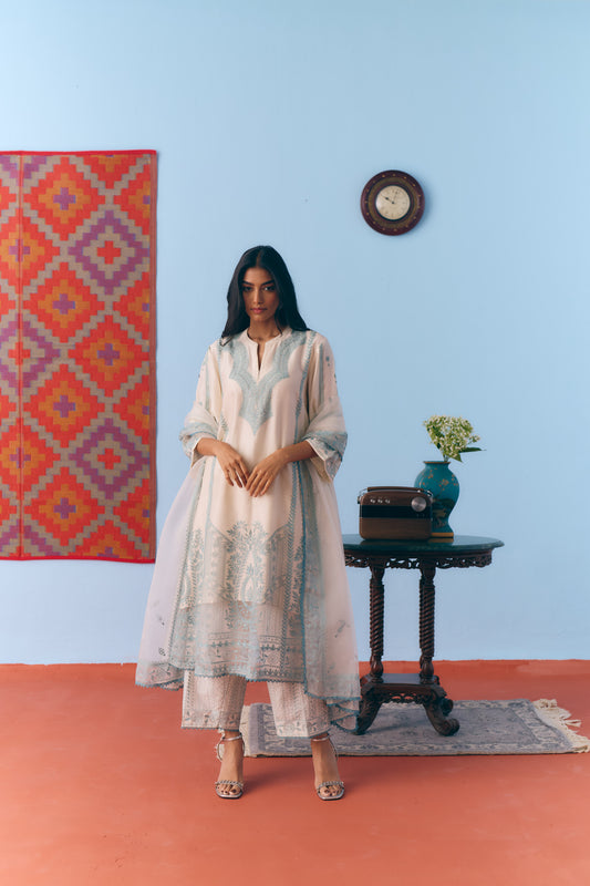 White & Light Blue Silk Chanderi Kurta Set with Thread Embroidery