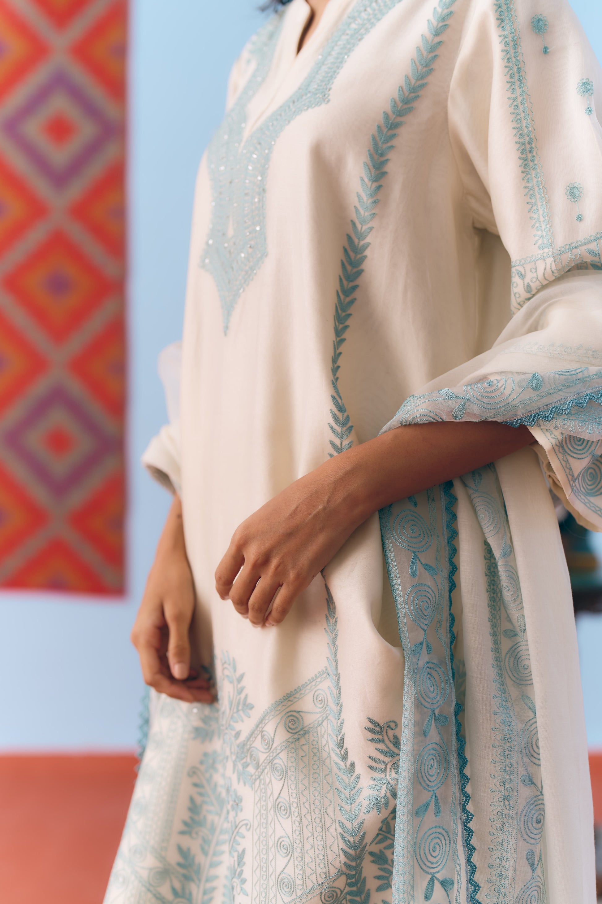 White & Light Blue Silk Chanderi Kurta Set with Thread Embroidery