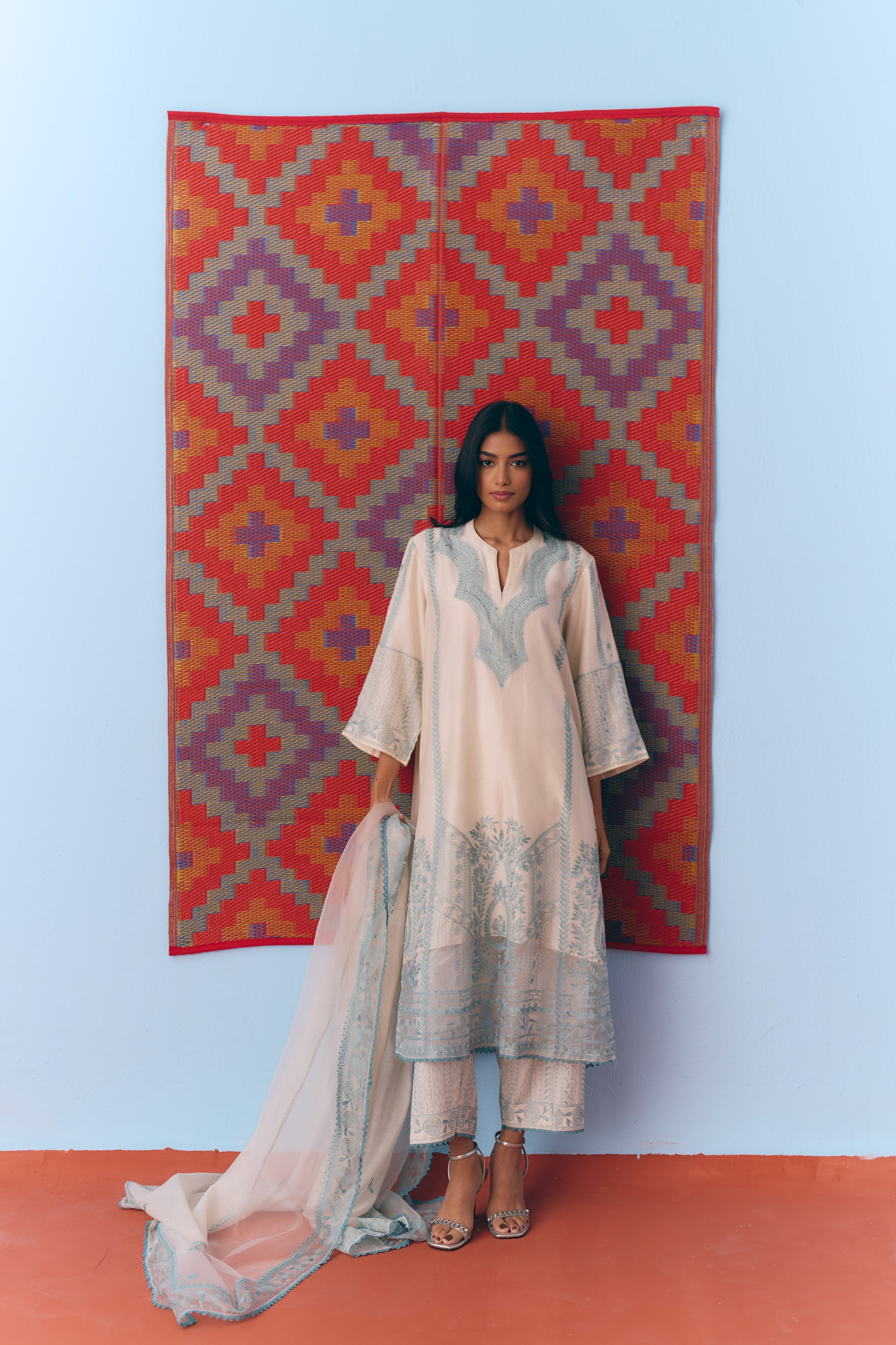 White & Light Blue Silk Chanderi Kurta Set with Thread Embroidery