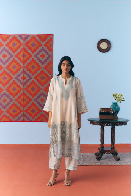 White & Light Blue Silk Chanderi Kurta Set with Thread Embroidery