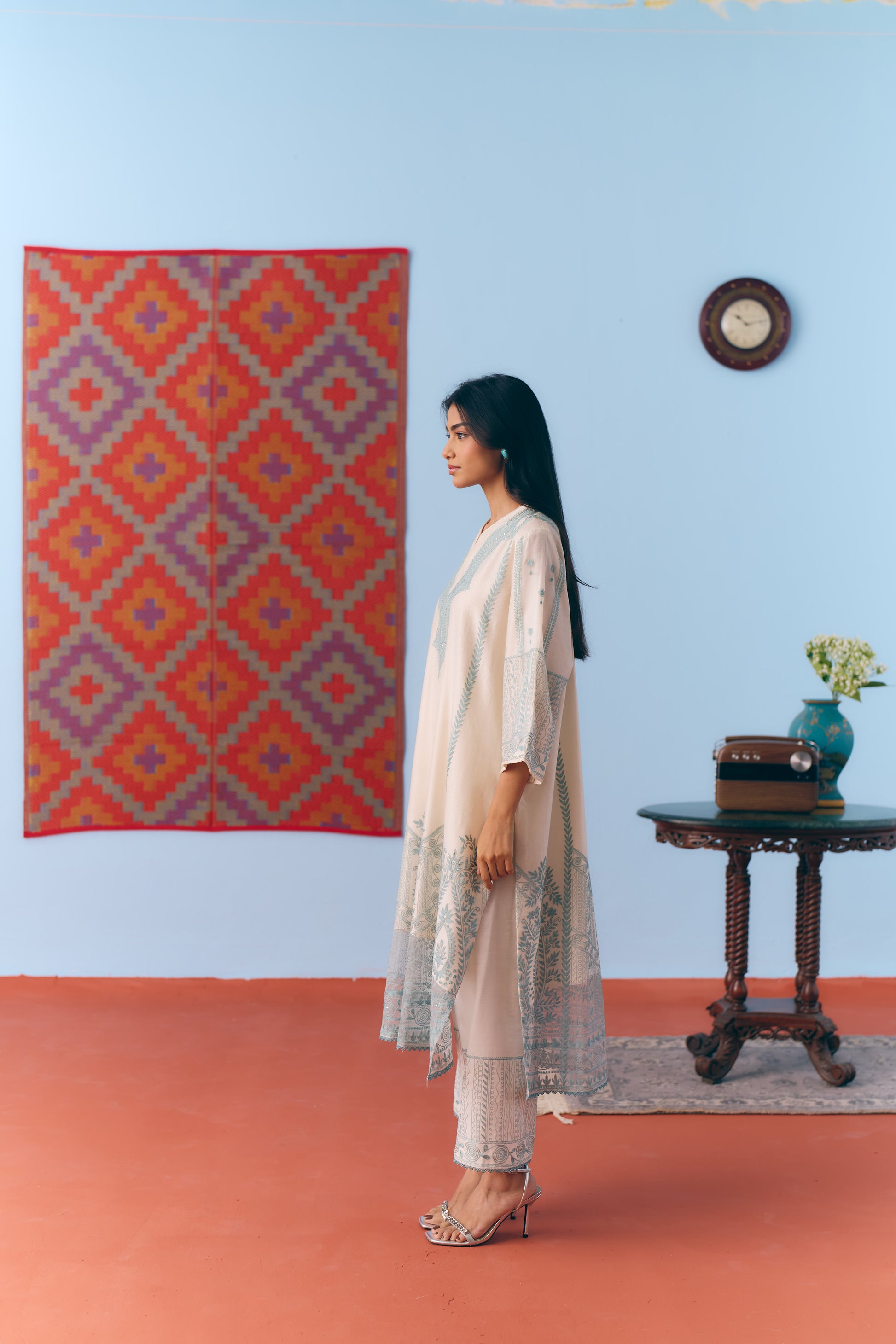 White & Light Blue Silk Chanderi Kurta Set with Thread Embroidery