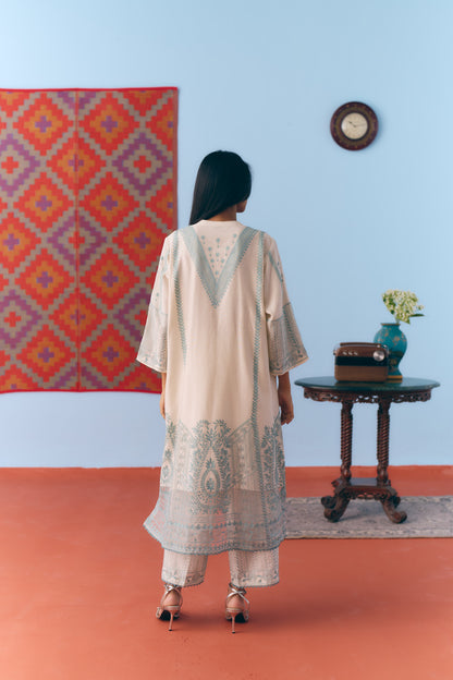 White & Light Blue Silk Chanderi Kurta Set with Thread Embroidery