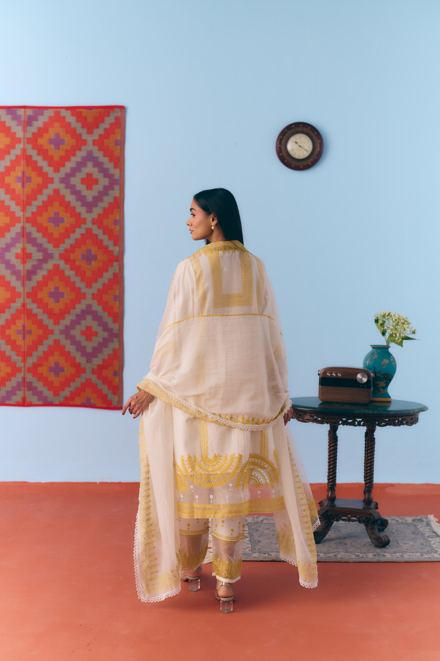 White & Lime Silk Chanderi Kurta Set with Thread Embroidery
