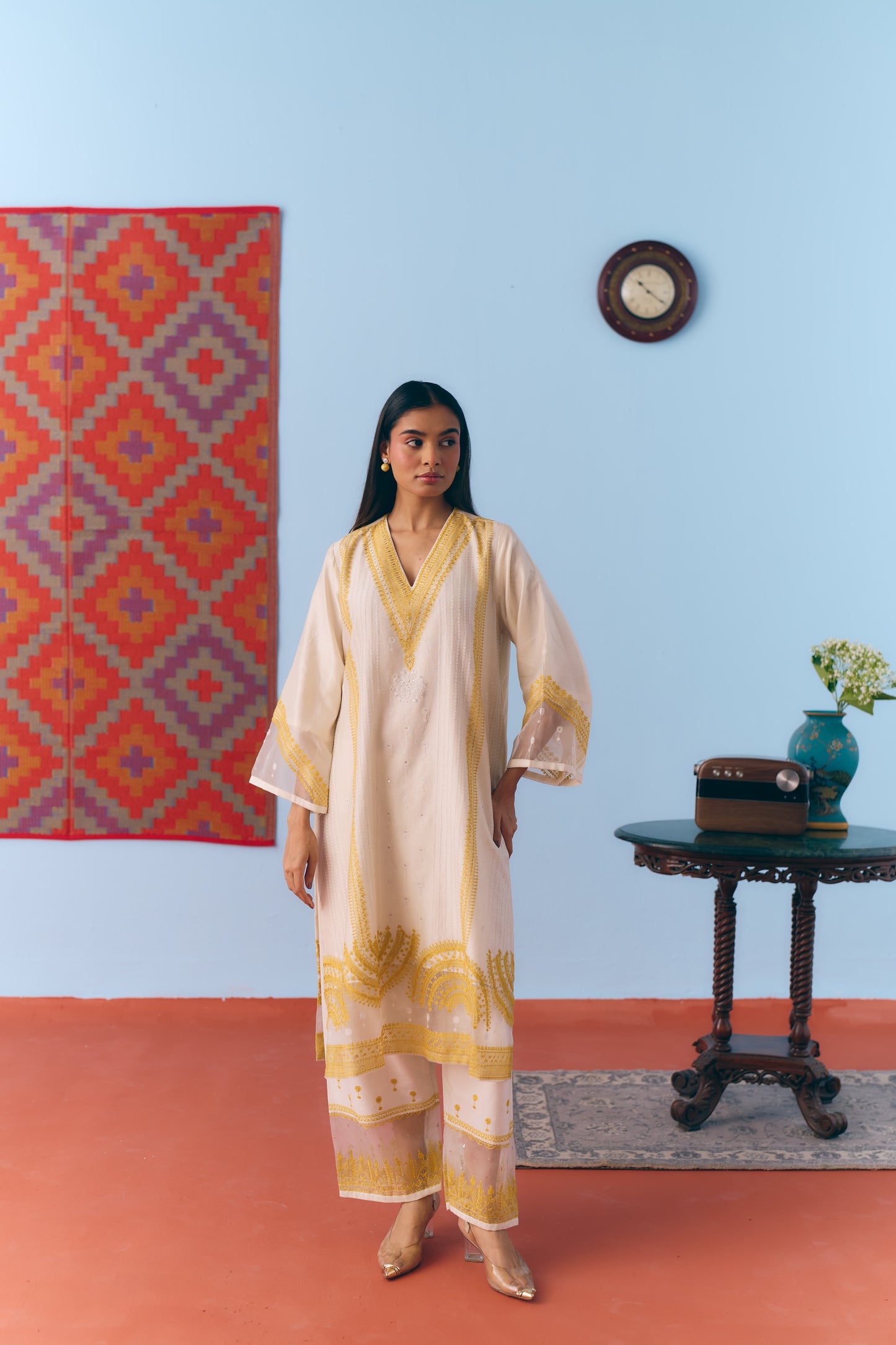 White & Lime Silk Chanderi Kurta Set with Thread Embroidery