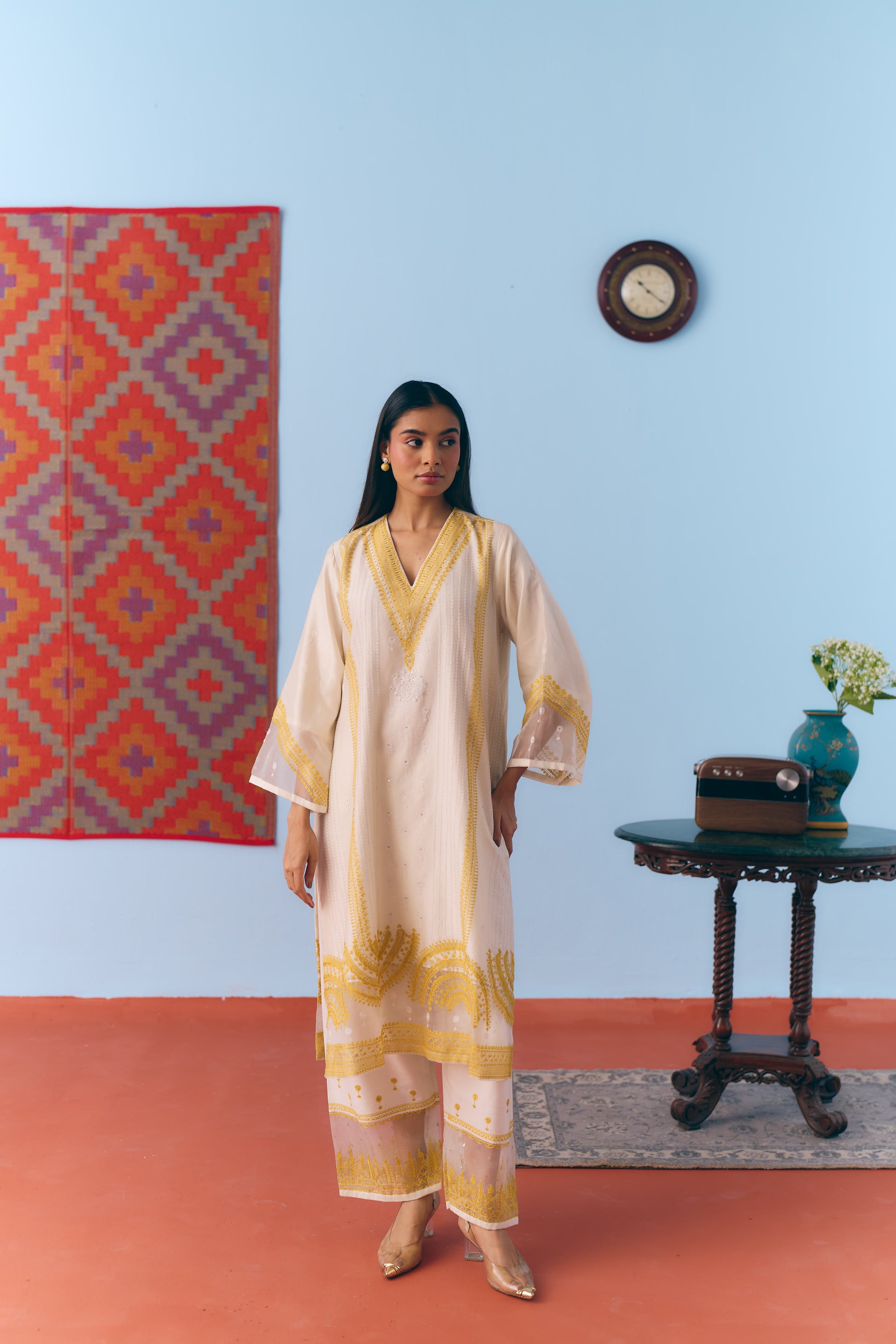 White & Lime Silk Chanderi Kurta Set with Thread Embroidery