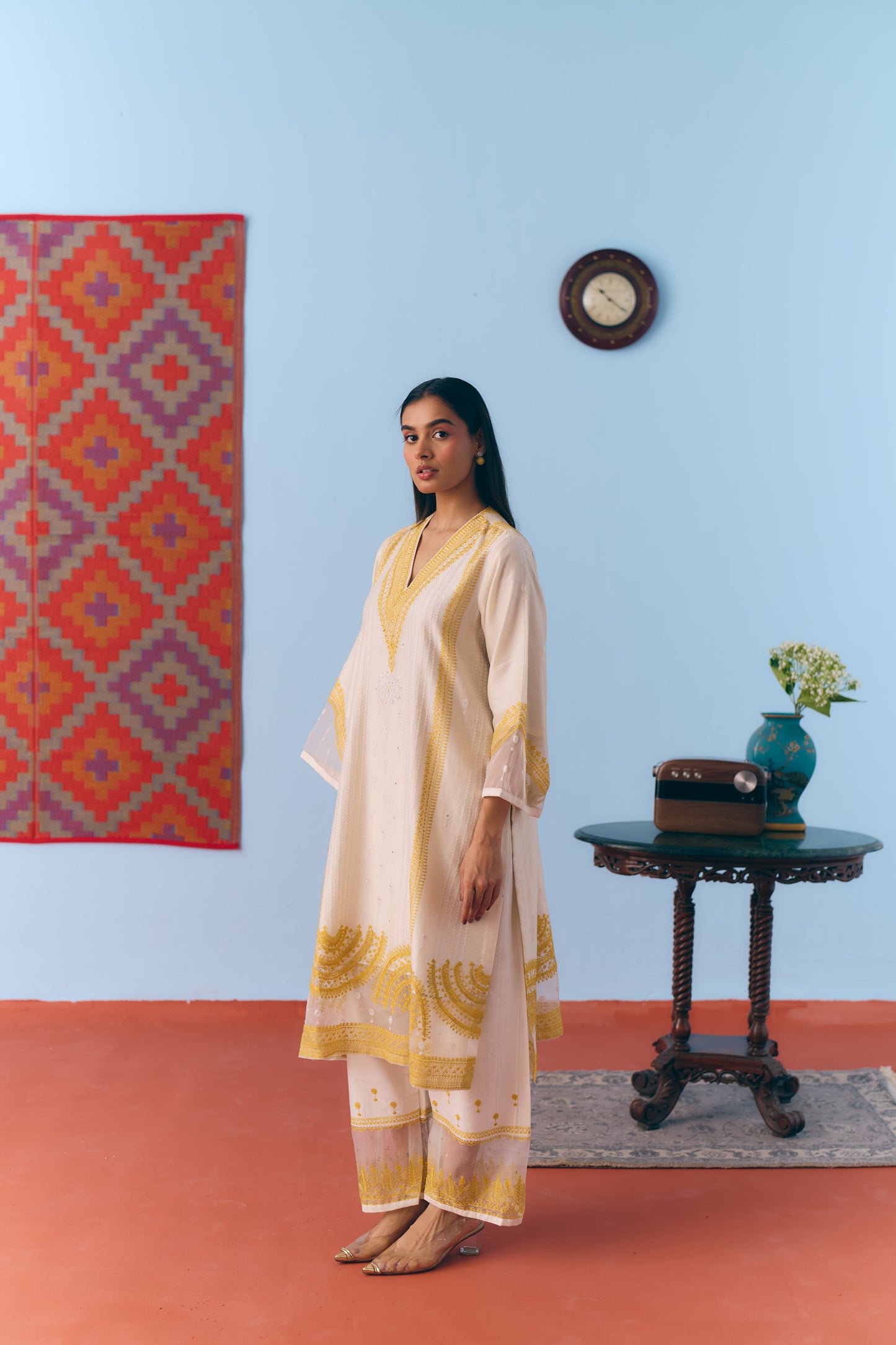 White & Lime Silk Chanderi Kurta Set with Thread Embroidery