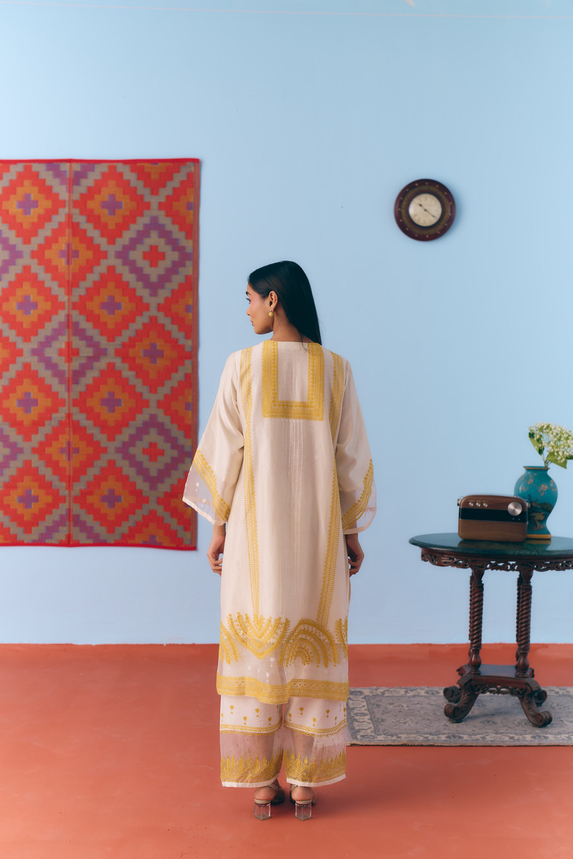 White & Lime Silk Chanderi Kurta Set with Thread Embroidery