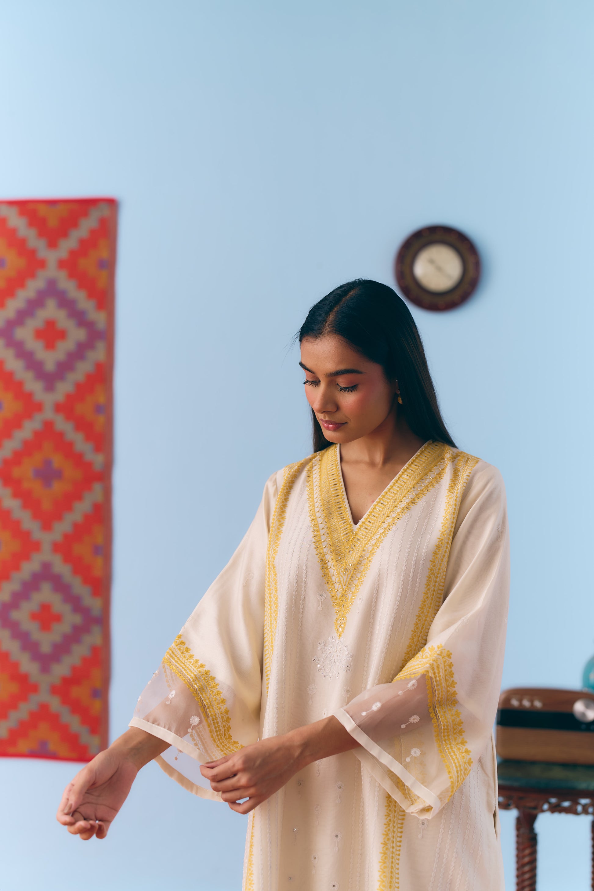 White & Lime Silk Chanderi Kurta Set with Thread Embroidery