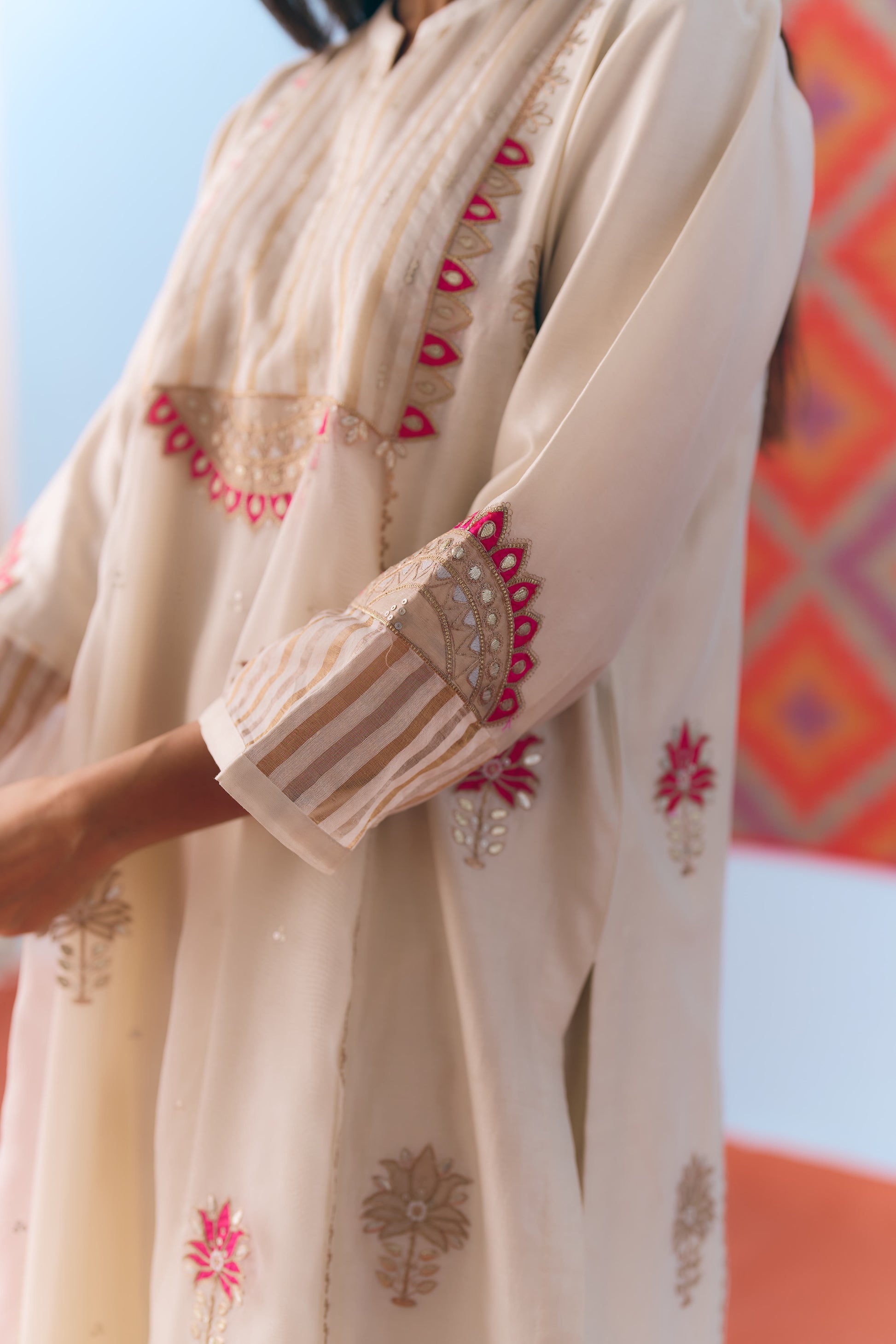 White Silk Chanderi Kurta Set with Pink Appliqué & Gota Embroidery