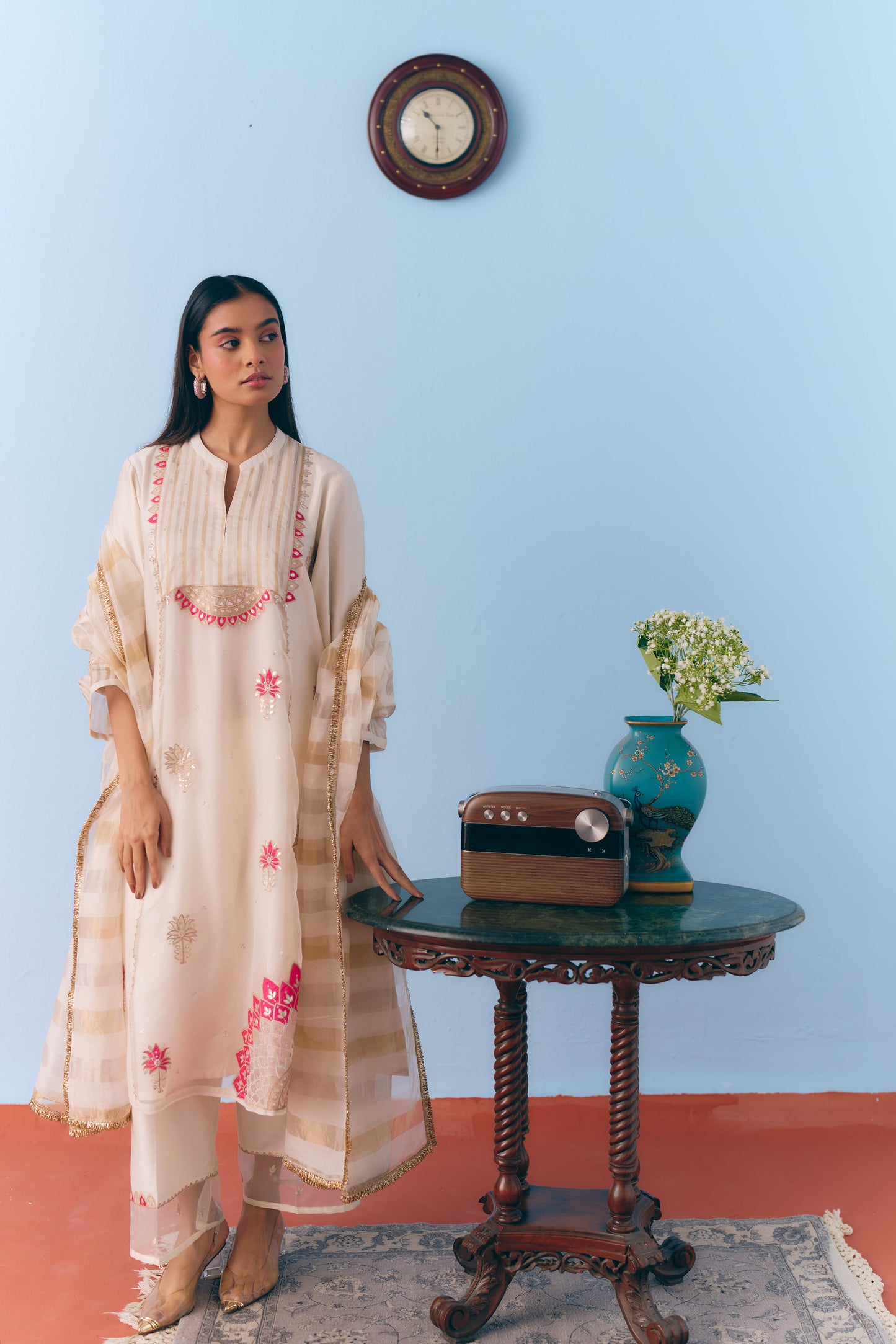 White Silk Chanderi Kurta Set with Pink Appliqué & Gota Embroidery