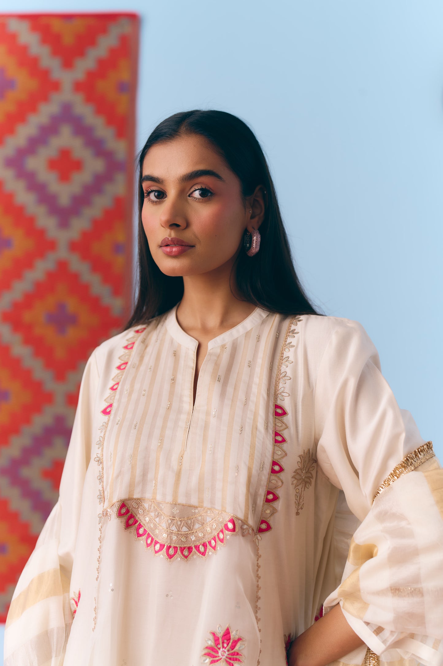 White Silk Chanderi Kurta Set with Pink Appliqué & Gota Embroidery