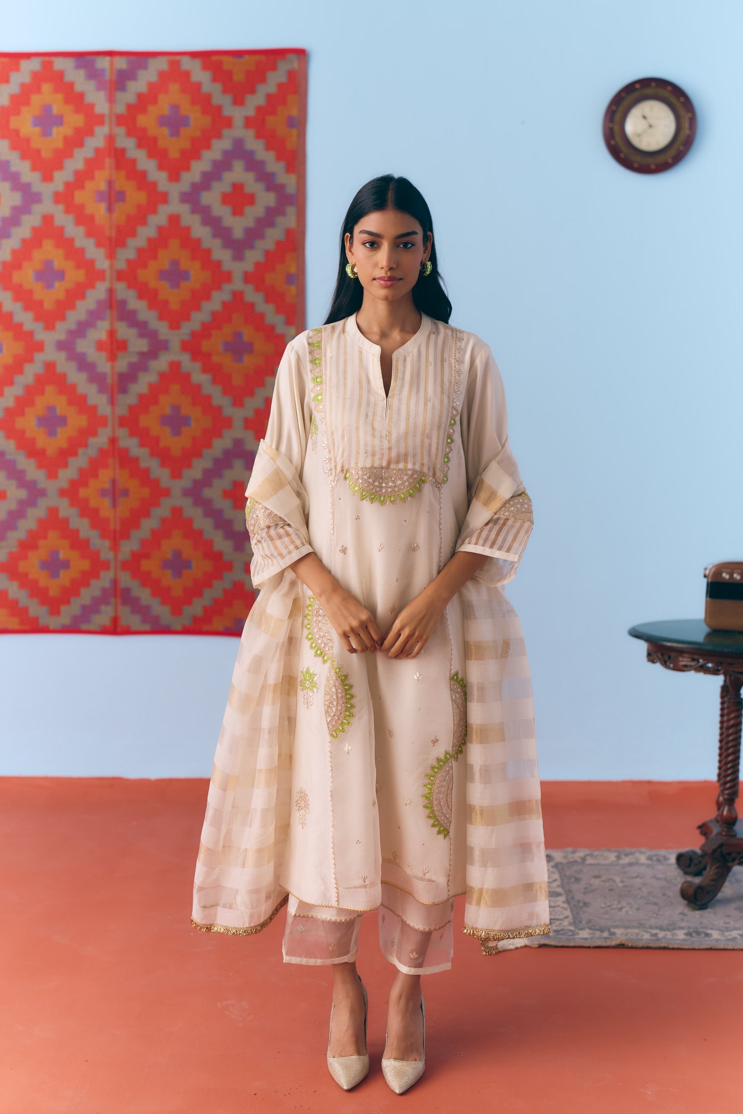 White Silk Chanderi Kurta Set with Green Appliqué & Gota Embroidery