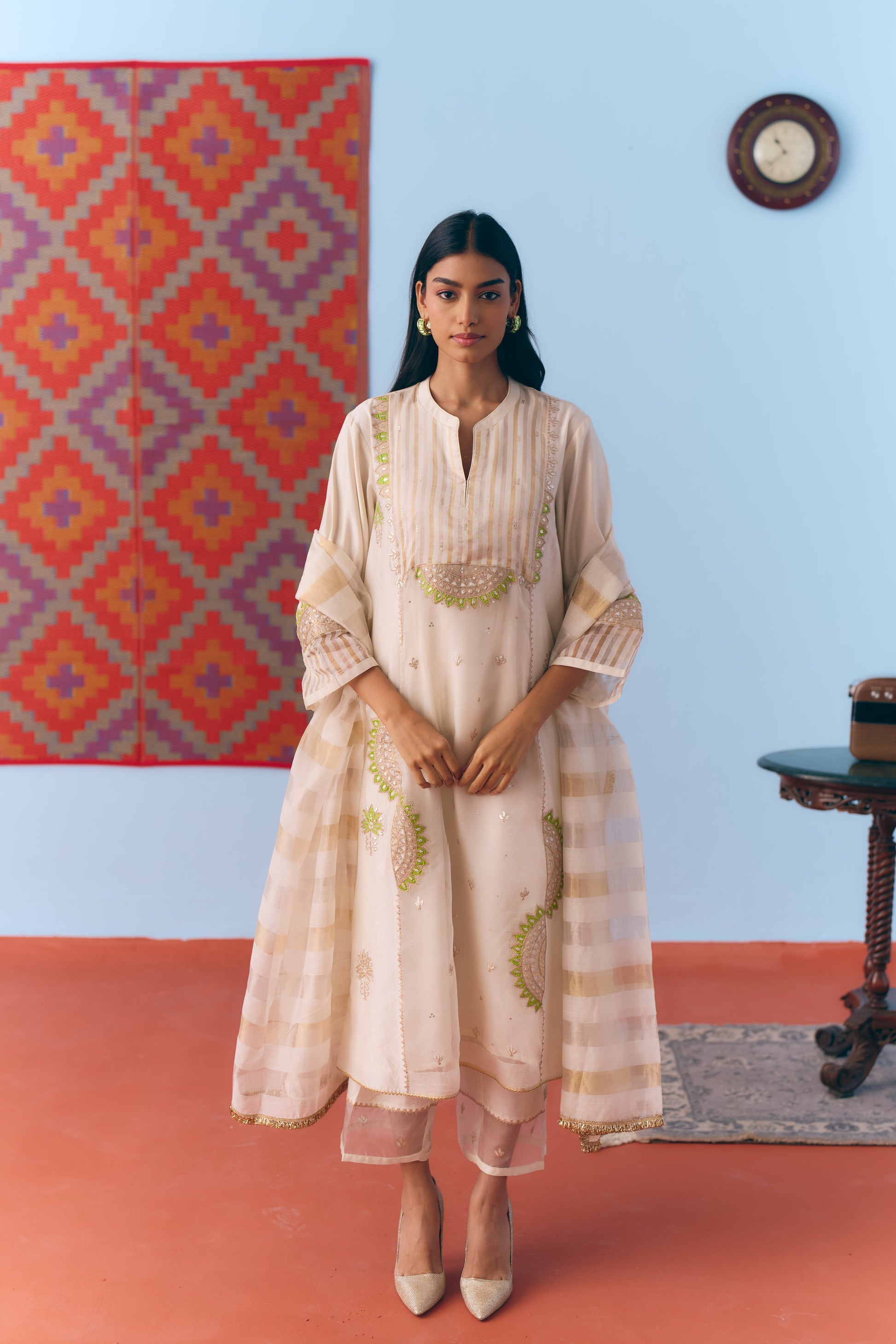 White Silk Chanderi Kurta Set with Green Appliqué & Gota Embroidery