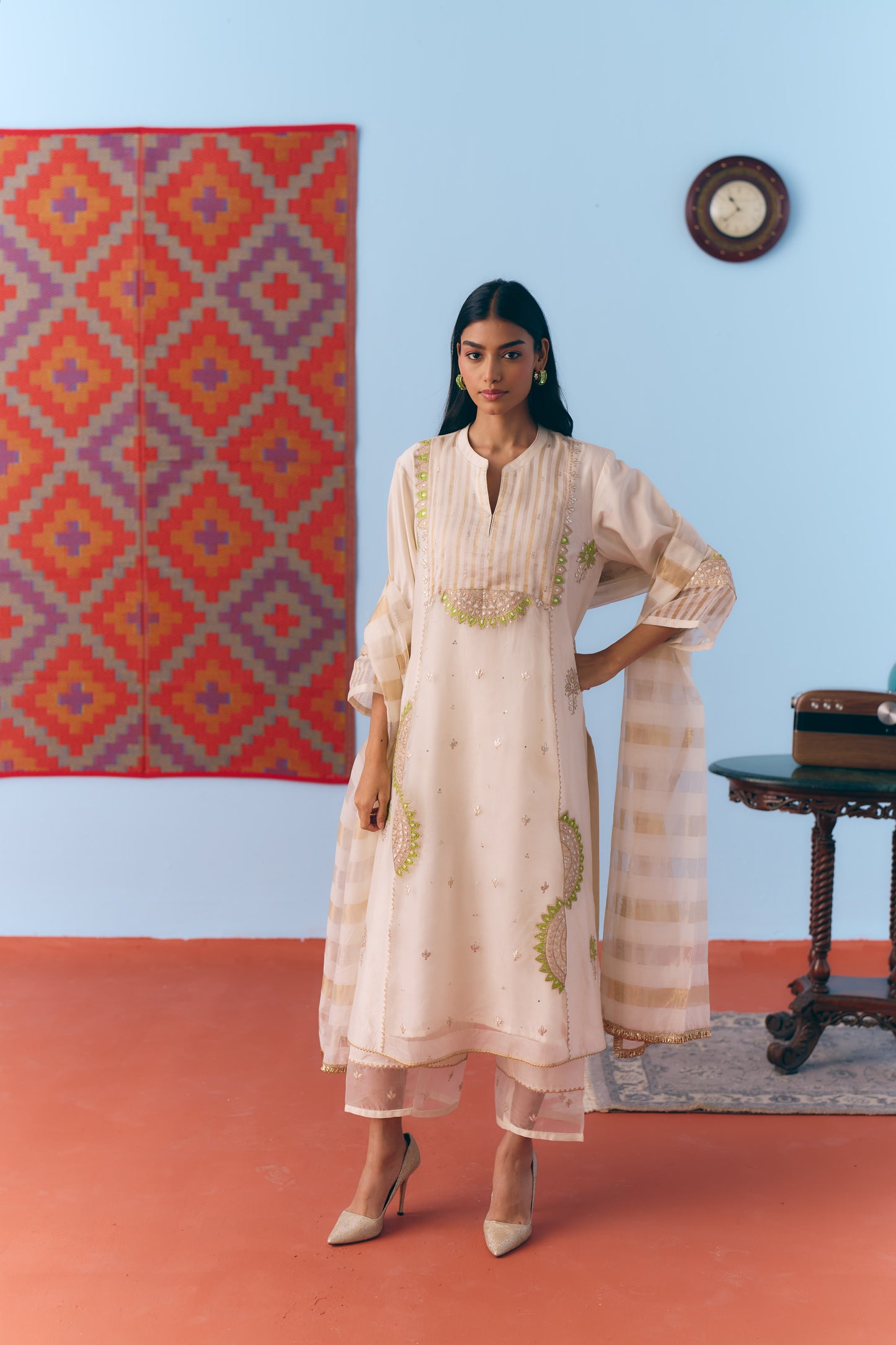 White Silk Chanderi Kurta Set with Green Appliqué & Gota Embroidery