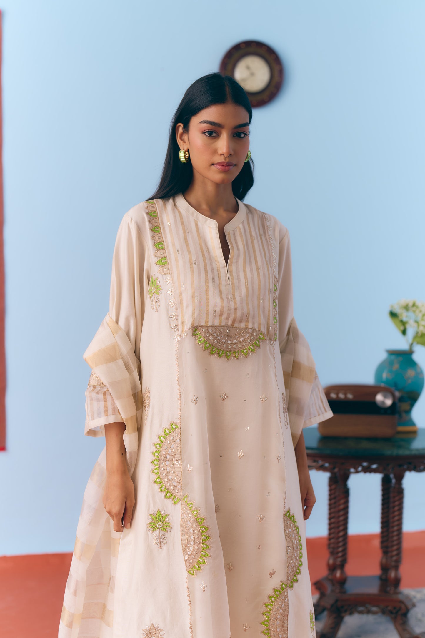 White Silk Chanderi Kurta Set with Green Appliqué & Gota Embroidery