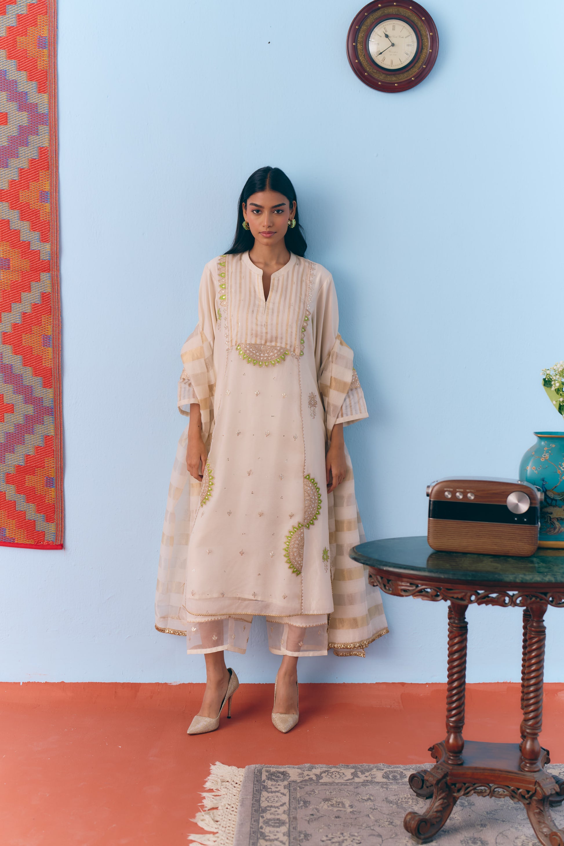 White Silk Chanderi Kurta Set with Green Appliqué & Gota Embroidery