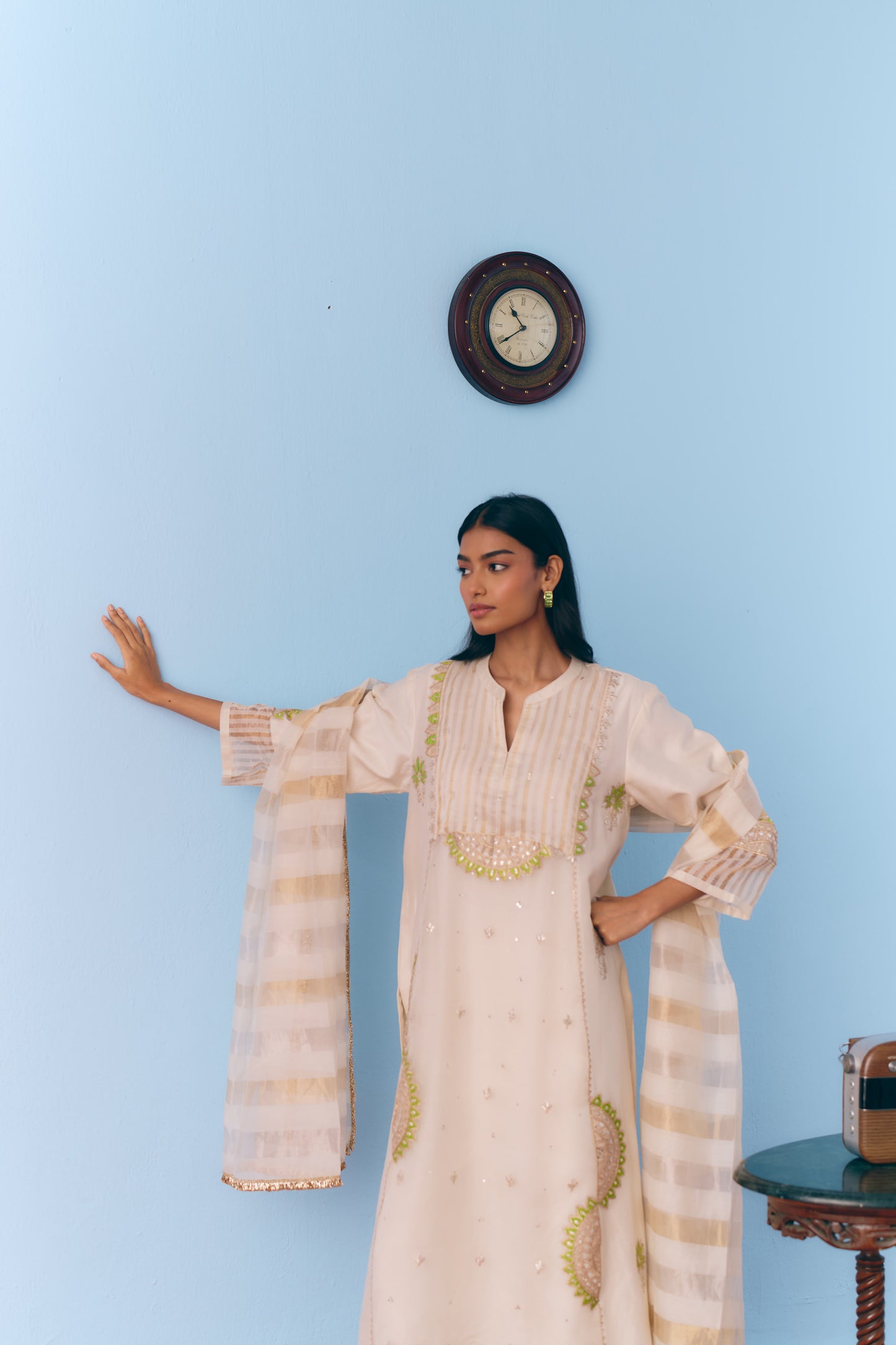 White Silk Chanderi Kurta Set with Green Appliqué & Gota Embroidery