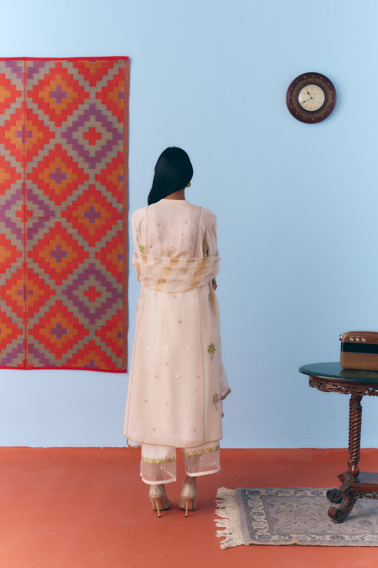 White Silk Chanderi Kurta Set with Green Appliqué & Gota Embroidery