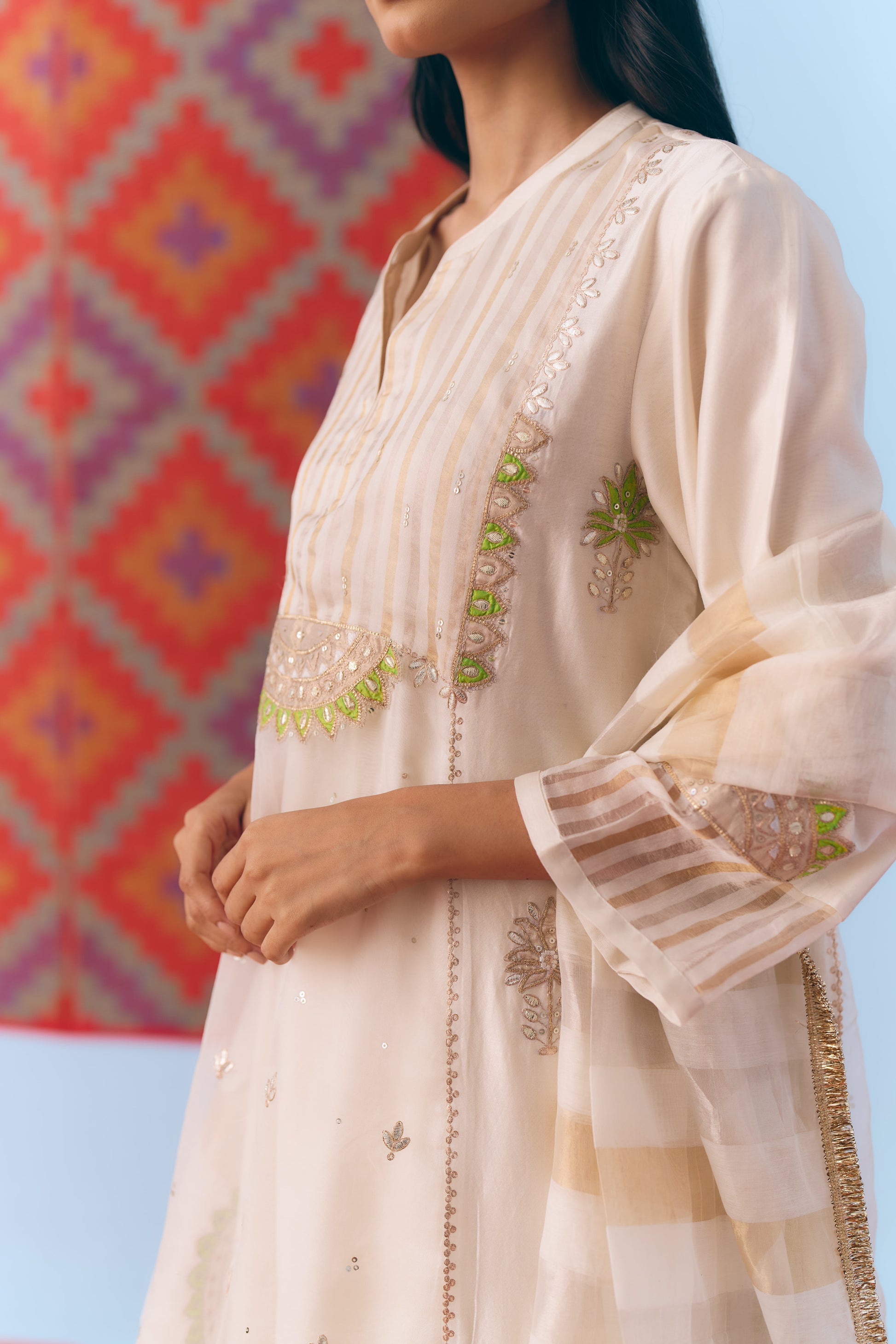 White Silk Chanderi Kurta Set with Green Appliqué & Gota Embroidery