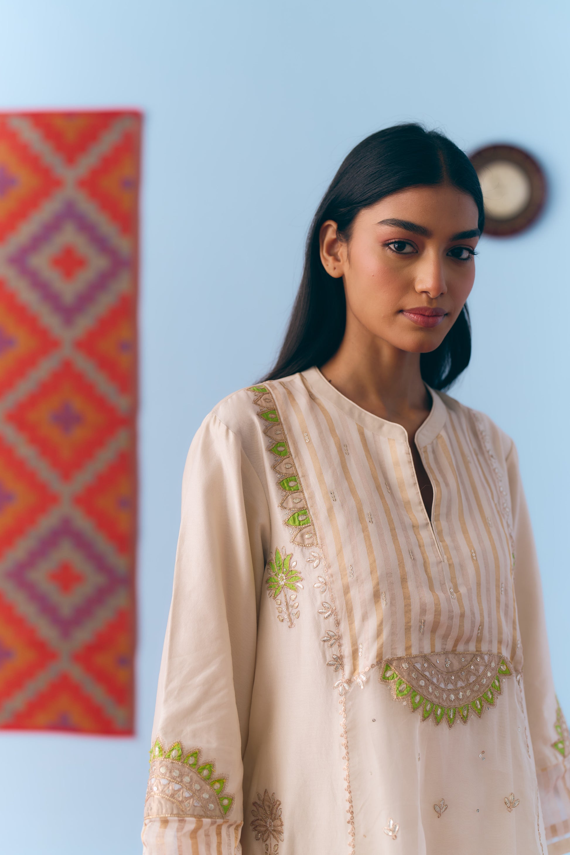 White Silk Chanderi Kurta Set with Green Appliqué & Gota Embroidery