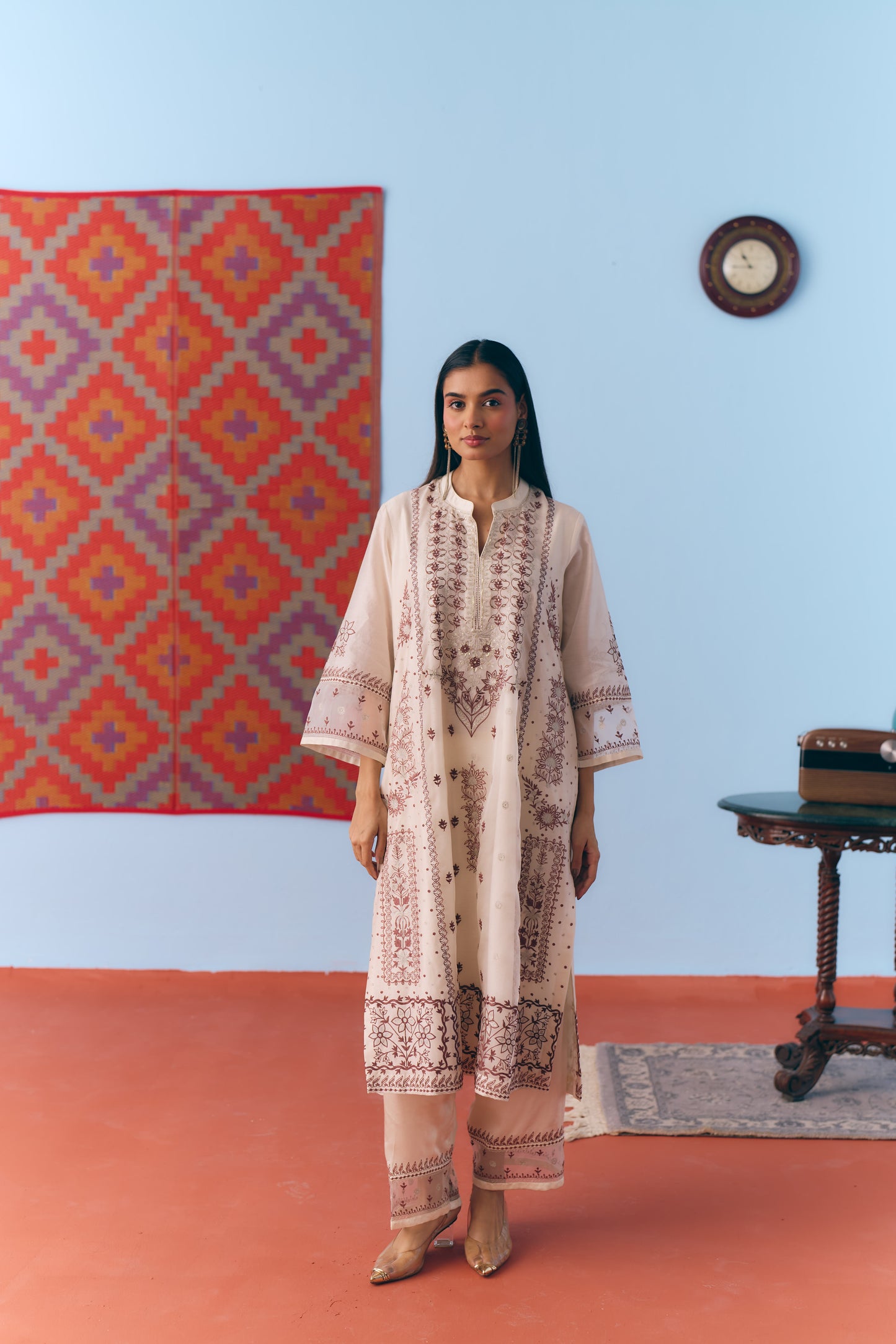 White Silk Chanderi Kurta Set with Brown Single Thread & Silver Zari Embroidery