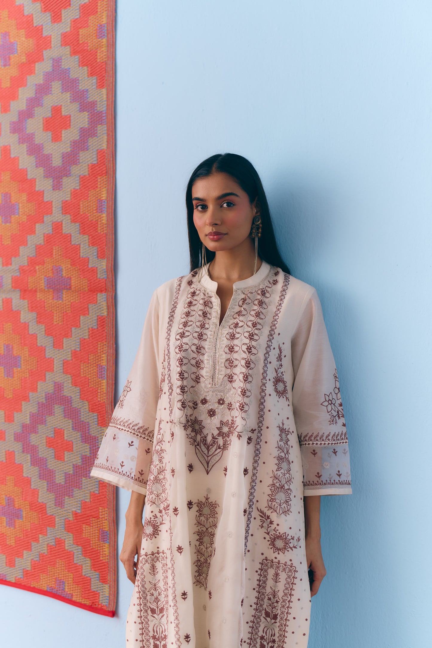 White Silk Chanderi Kurta Set with Brown Single Thread & Silver Zari Embroidery