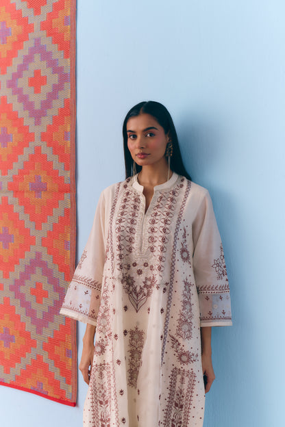 White Silk Chanderi Kurta Set with Brown Single Thread & Silver Zari Embroidery
