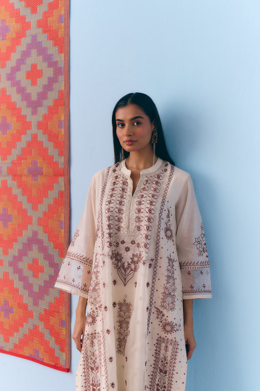 White Silk Chanderi Kurta Set with Brown Single Thread & Silver Zari Embroidery