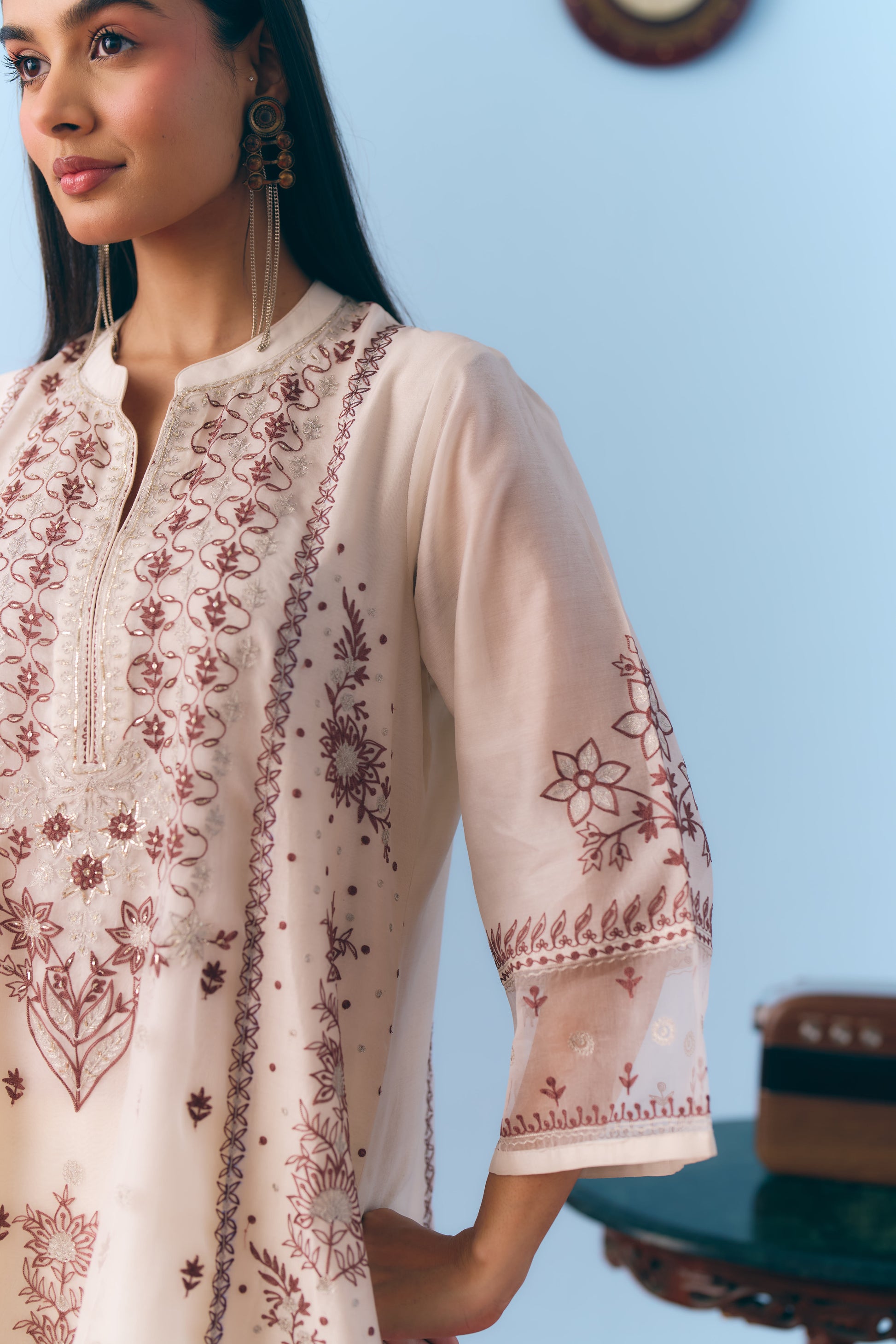 White Silk Chanderi Kurta Set with Brown Single Thread & Silver Zari Embroidery