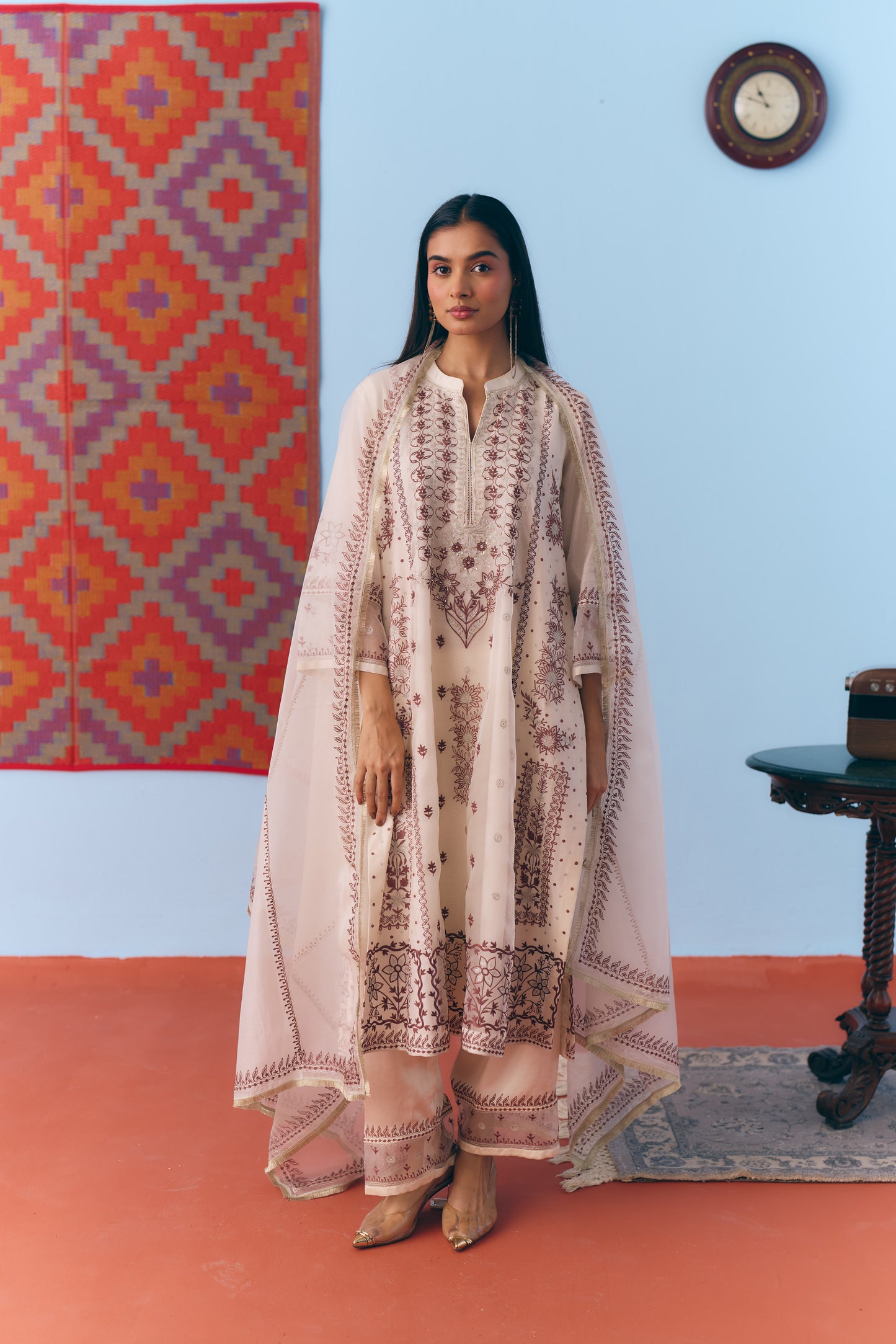 White Silk Chanderi Kurta Set with Brown Single Thread & Silver Zari Embroidery