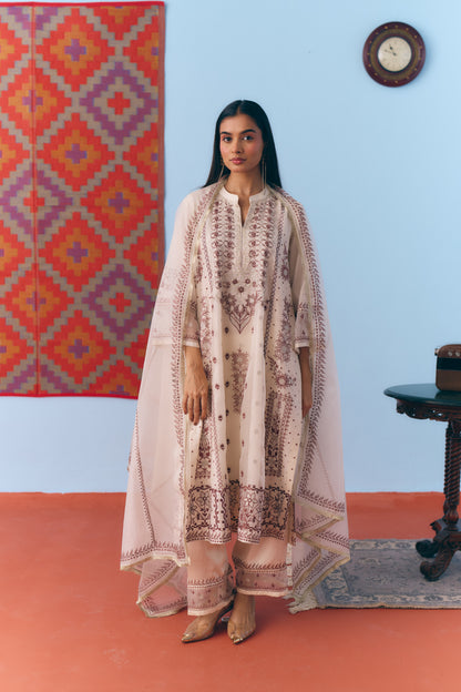 White Silk Chanderi Kurta Set with Brown Single Thread & Silver Zari Embroidery