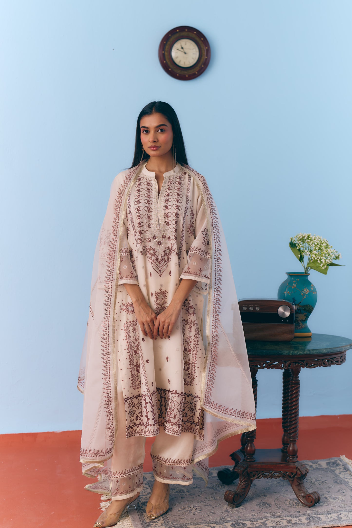 White Silk Chanderi Kurta Set with Brown Single Thread & Silver Zari Embroidery