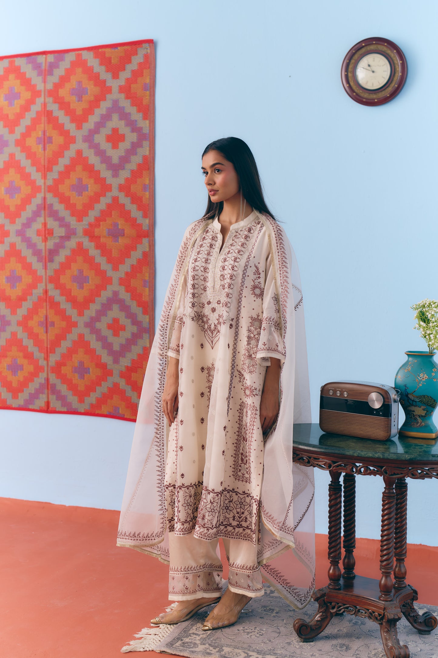 White Silk Chanderi Kurta Set with Brown Single Thread & Silver Zari Embroidery