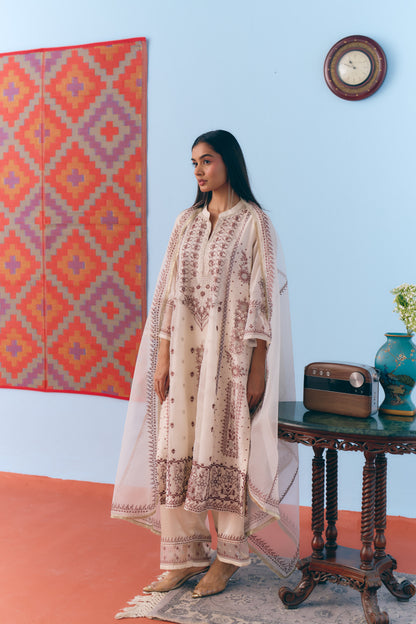 White Silk Chanderi Kurta Set with Brown Single Thread & Silver Zari Embroidery