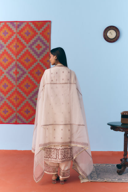 White Silk Chanderi Kurta Set with Brown Single Thread & Silver Zari Embroidery