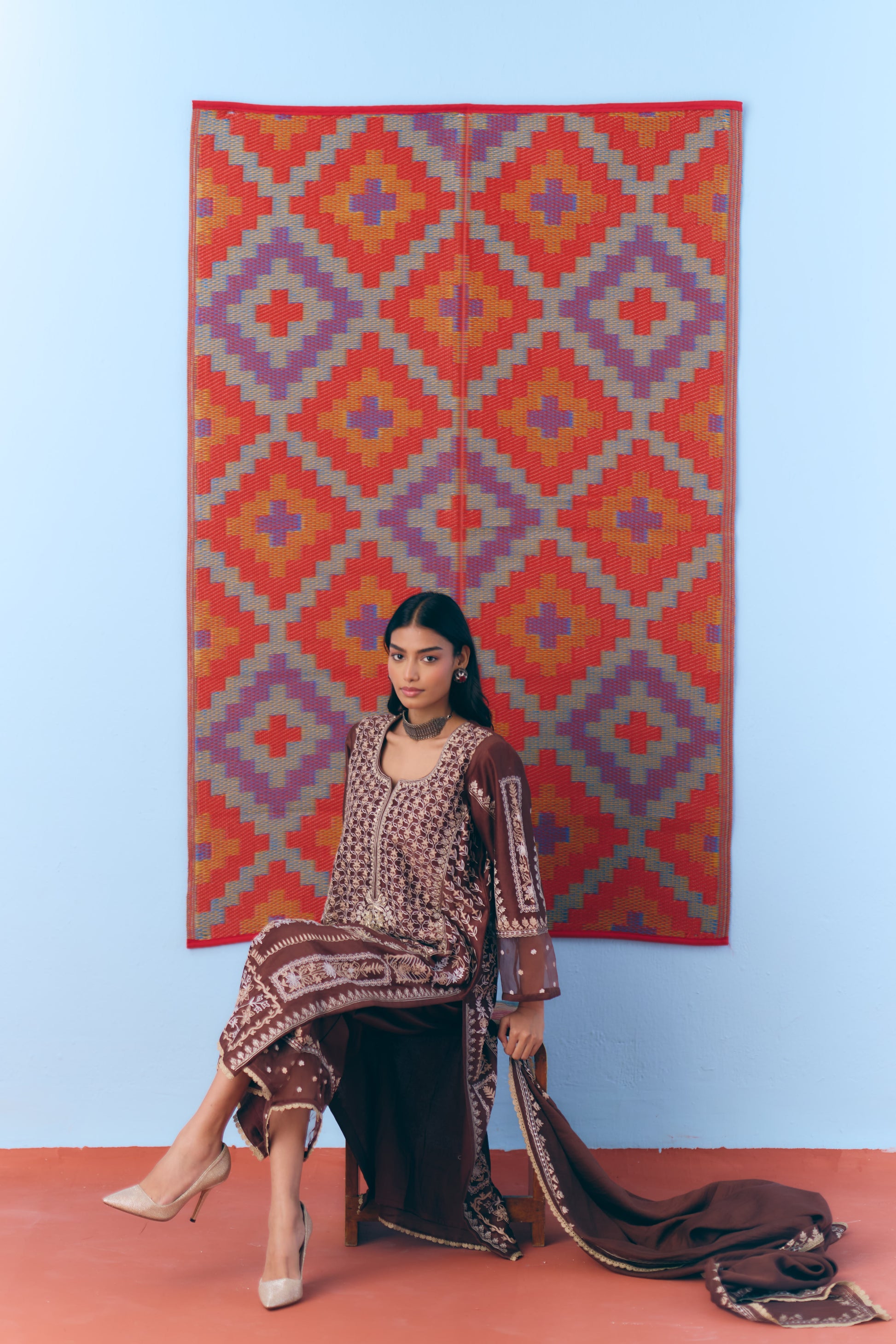 Brown Silk Chanderi Kurta Set with Single Thread & Zari Embroidery