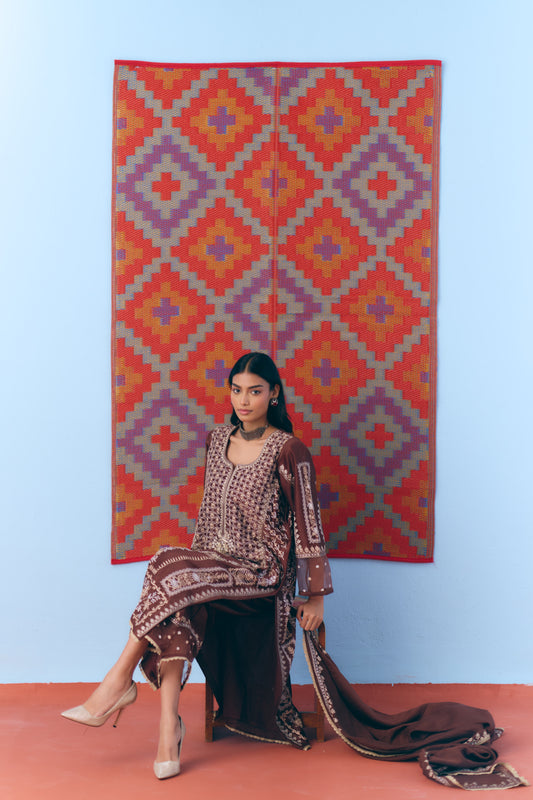 Brown Silk Chanderi Kurta Set with Single Thread & Zari Embroidery