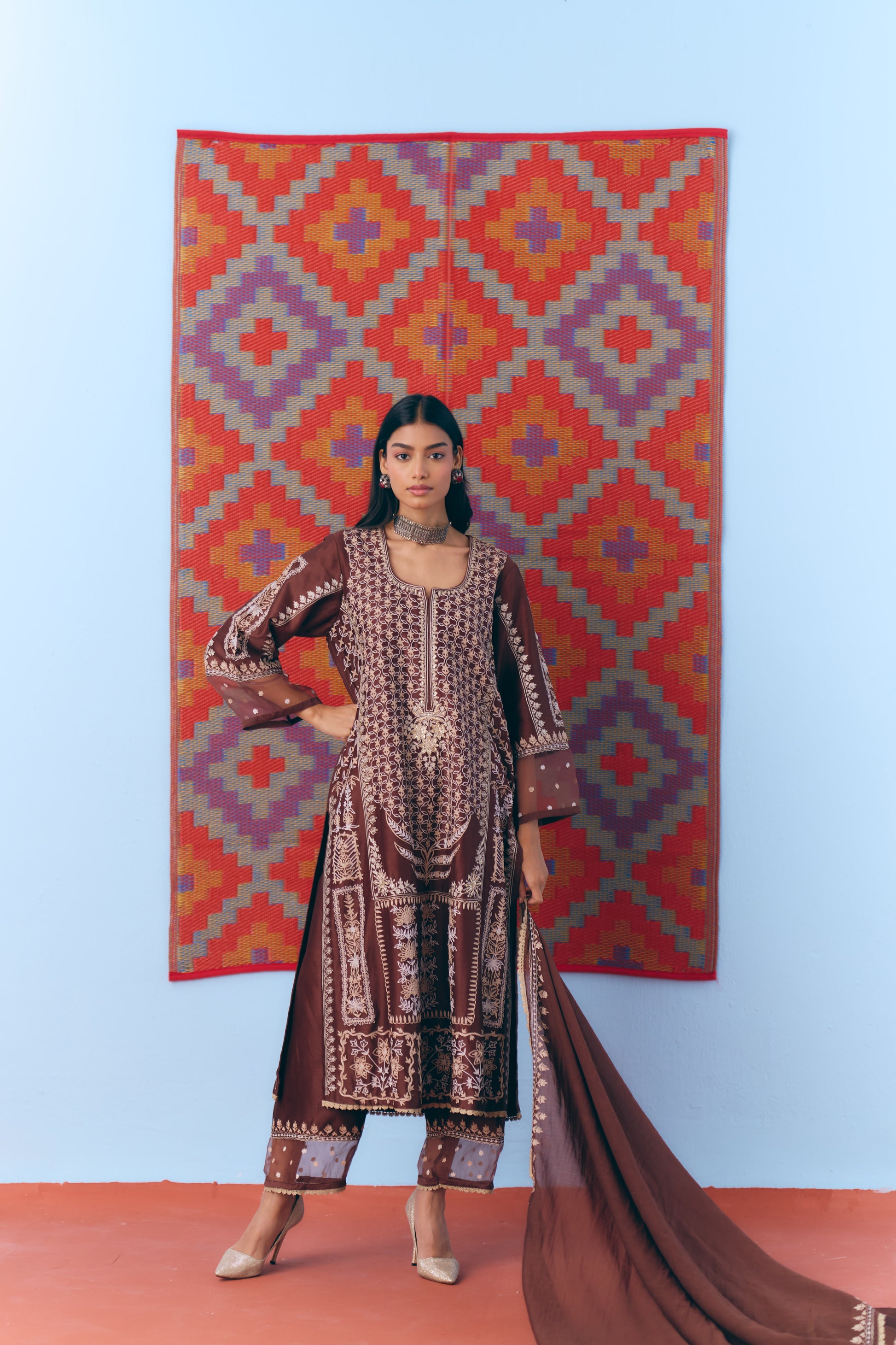 Brown Silk Chanderi Kurta Set with Single Thread & Zari Embroidery