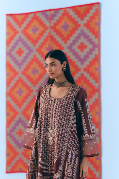 Brown Silk Chanderi Kurta Set with Single Thread & Zari Embroidery