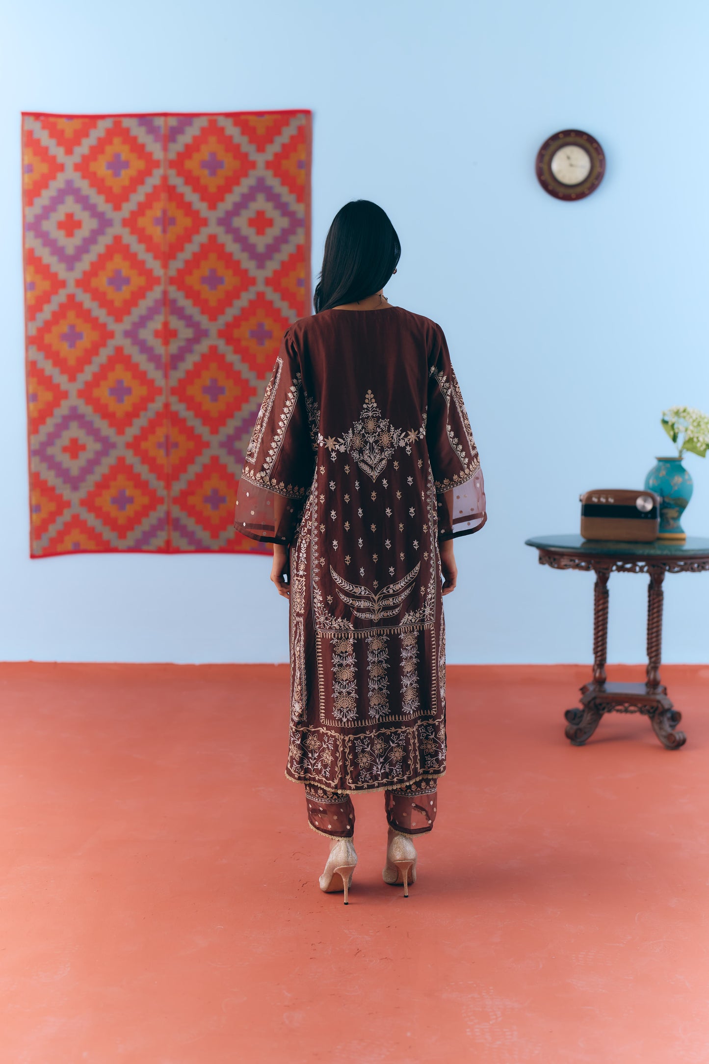 Brown Silk Chanderi Kurta Set with Single Thread & Zari Embroidery