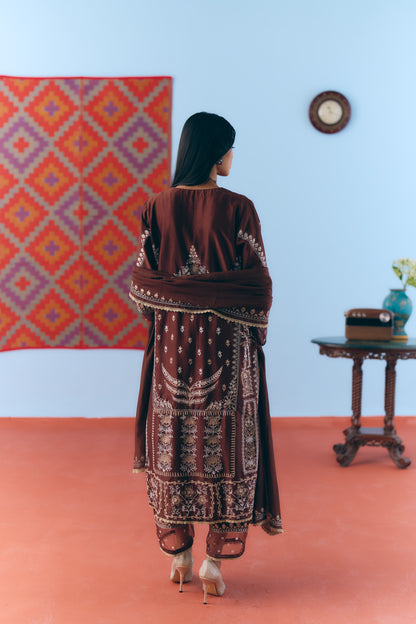 Brown Silk Chanderi Kurta Set with Single Thread & Zari Embroidery